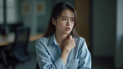 A thoughtful young Asian woman with long hair gazes pensively, wearing a blue shirt in a modern office setting.