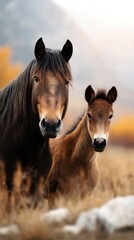 Majestic horses standing together in a serene autumn landscape during golden hour