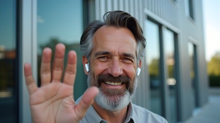Obraz premium Smiling Caucasian man in a gray shirt waves at the camera, showcasing a friendly demeanor with wireless earbuds in a modern outdoor setting.
