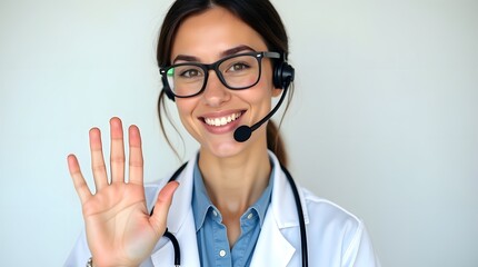 Smiling young Caucasian female doctor in a white coat and headset, waving gracefully to the camera.