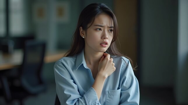 A thoughtful young Asian woman with long hair gazes pensively, wearing a blue shirt in a modern office setting.