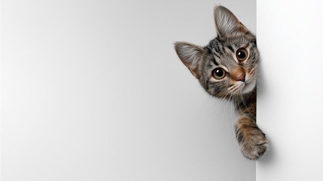 Curious kitten peeks around a wall in a cozy indoor space