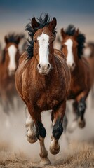 Herd of horses galloping across a dusty landscape during early morning light