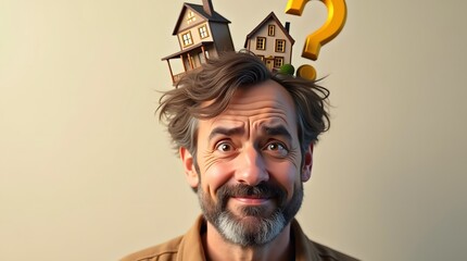 A smiling middle-aged Caucasian man with a questioning expression, contemplating real estate, symbolized by houses and a question mark.
