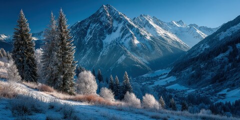 Snowy mountains with pine trees in a peaceful winter landscape during early morning light