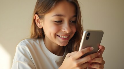 Fototapeta premium Young girl with light brown hair smiles while using a smartphone, showcasing joy and engagement with digital content.