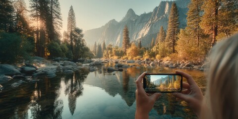 Capturing a serene river view in the mountains during golden hour with a smartphone in hand