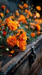 Bright orange flowers blooming in an antique wooden box during a sunny afternoon in a cozy garden