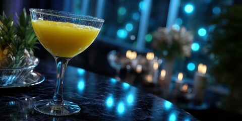 Bright citrus cocktail on a dark counter in a vibrant bar setting with soft lighting and elegant decor