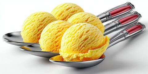 Bright yellow ice cream scoops served on metal spoons with shiny handles in a playful dessert arrangement