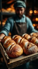 Baker presents freshly baked loaves on a wooden tray in a cozy bakery during the early morning hours