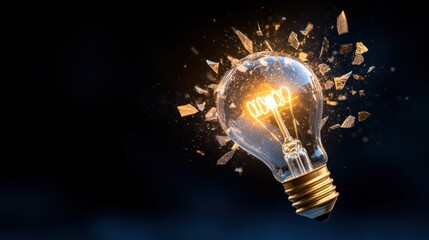Exploding Lightbulb: Shattered Glass, Bright Filament, Dark Background.