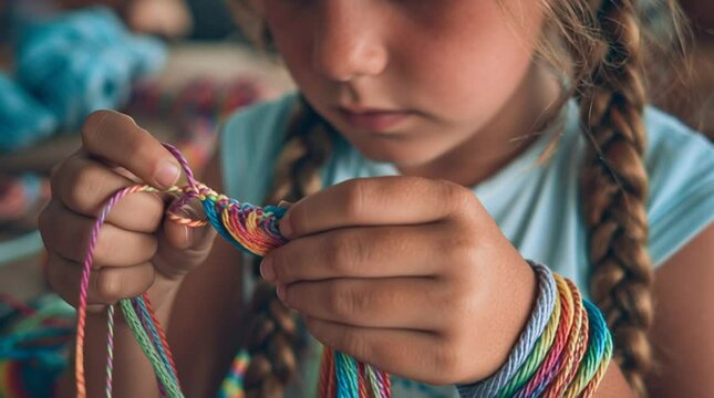 Girl creating colorful friendship bracelets using vibrant threads at a cozy workshop