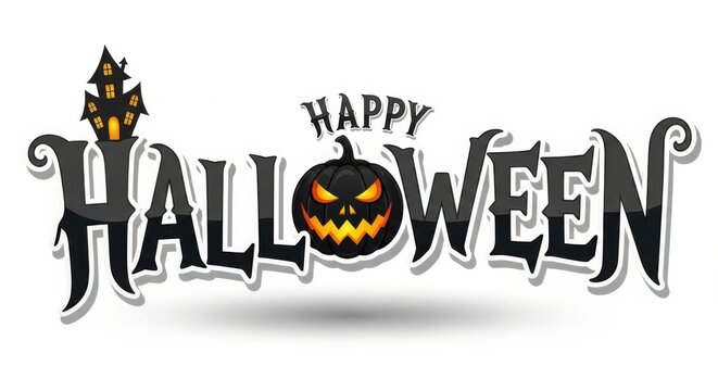 Happy halloween graphic with haunted house and jack o lantern illustration