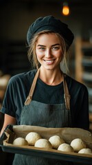 Baker smiling while holding fresh dough in a warm kitchen setting during the day