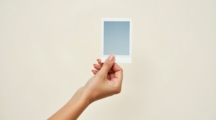 A close-up of a hand holding a blank polaroid picture against a neutral beige background.