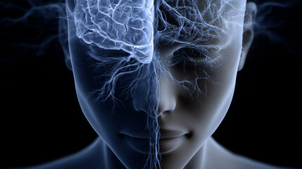 Vagus nerve concept ,Human brain and nervous system connection with vagus nerve focus in calm and thoughtful expression