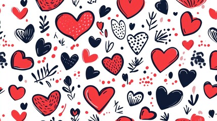 Whimsical Hand-Drawn Heart Pattern: Red and Black Love Design on White