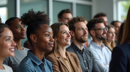 Diverse group of professionals engaged in a presentation, featuring men and women of various ethnicities, smiling and attentive.
