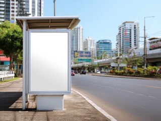 Empty Blank Billboard at Bus Shelter in Bustling Urban Cityscape
