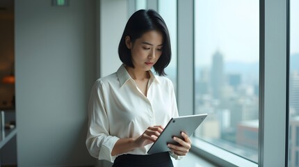 A young Asian woman in a white blouse focuses on her tablet while standing by a large window overlooking the city.