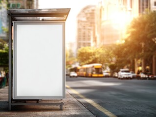 Blank White Space For Advertisement In Urban Setting With Bus Station