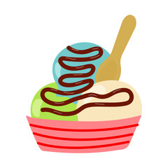 Colorful ice cream dessert served in a red bowl with a wooden spoon for summer enjoyment