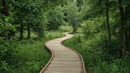 Obraz premium Serene wooden pathway through lush green garden
