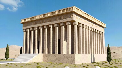 Obraz premium Digital Rendering of a Beige Stone Classical Temple in Arid Landscape