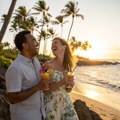 A mixed-race couple (Latino man and Caucasian woman) laughing on a beach at sunset with tropical cocktails. Palm trees and ocean in the background.