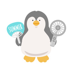 ハンディファンとうちわを持つペンギン　熱中症対策　イラスト