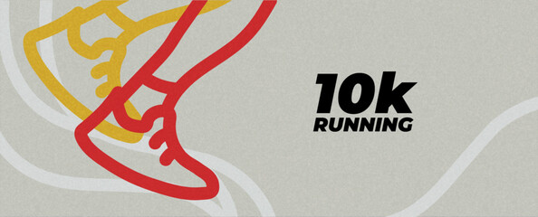 Editable horizontal running banner with bold outline sport shoe and abstract background in retro vector style