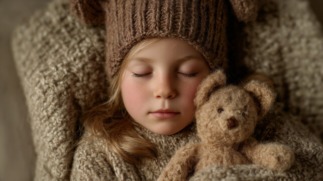 Little Girl Sleeping with Teddy Bear in Knitted Outfit - Powered by Adobe