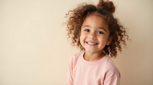 Cheerful young girl with curly hair smiles radiantly against a soft beige background.