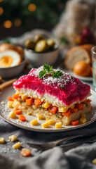 Layered salad with beetroot and potatoes on a festive plate