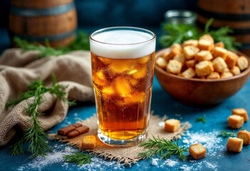 Cold kvass drink with ice and croutons on rustic fabric