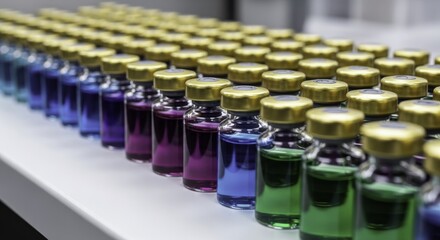 Multiple rows of clear glass vials with colorful liquids and gold caps