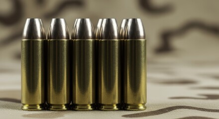 Close up of seven .45 caliber ammunition rounds with brass casings and silver tips on camouflage