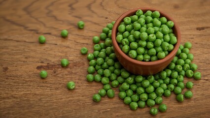 Yellow chopped peas in clay cup on wooden table