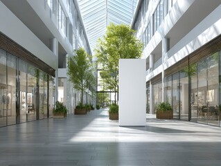 Empty White Space In A Modern Architectural Retail Center With Glass Roof