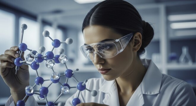Focused female scientist examining molecular model in a modern laboratory