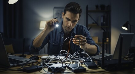 Man troubleshooting tangled network cables with flashlight at night