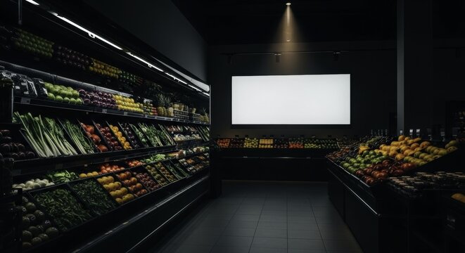 Dramatic high contrast grocery store aisle with fresh produce and blank advertising screen