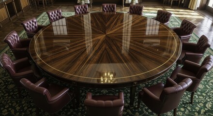 Large circular polished dark wood meeting table with leather armchairs in formal boardroom
