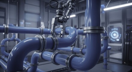 Robotic arm maintaining intricate blue pipes in a futuristic industrial facility