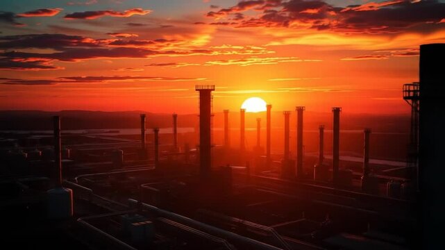 Oil refinery industry, petrochemical plant under dramatic sunset sky. Energy sector infrastructure with towers, tanks, pipelines. 4k video