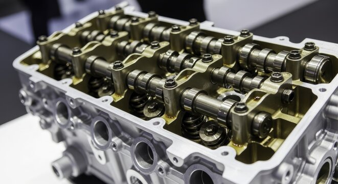 Detailed view of a disassembled car engine cylinder head with visible camshafts and valve train components