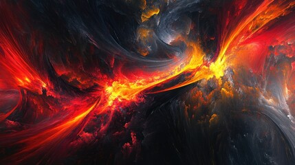A dynamic abstract design with fiery neon light streaks in red, orange, and yellow cutting through dark space, creating an energetic, intense atmosphere