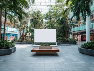 Empty White Blank Space In Modern Mall Surrounded By Lush Greenery