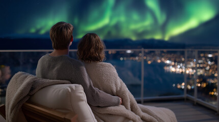 Cozy moments watching the Northern Lights from a lodge balcony in Iceland